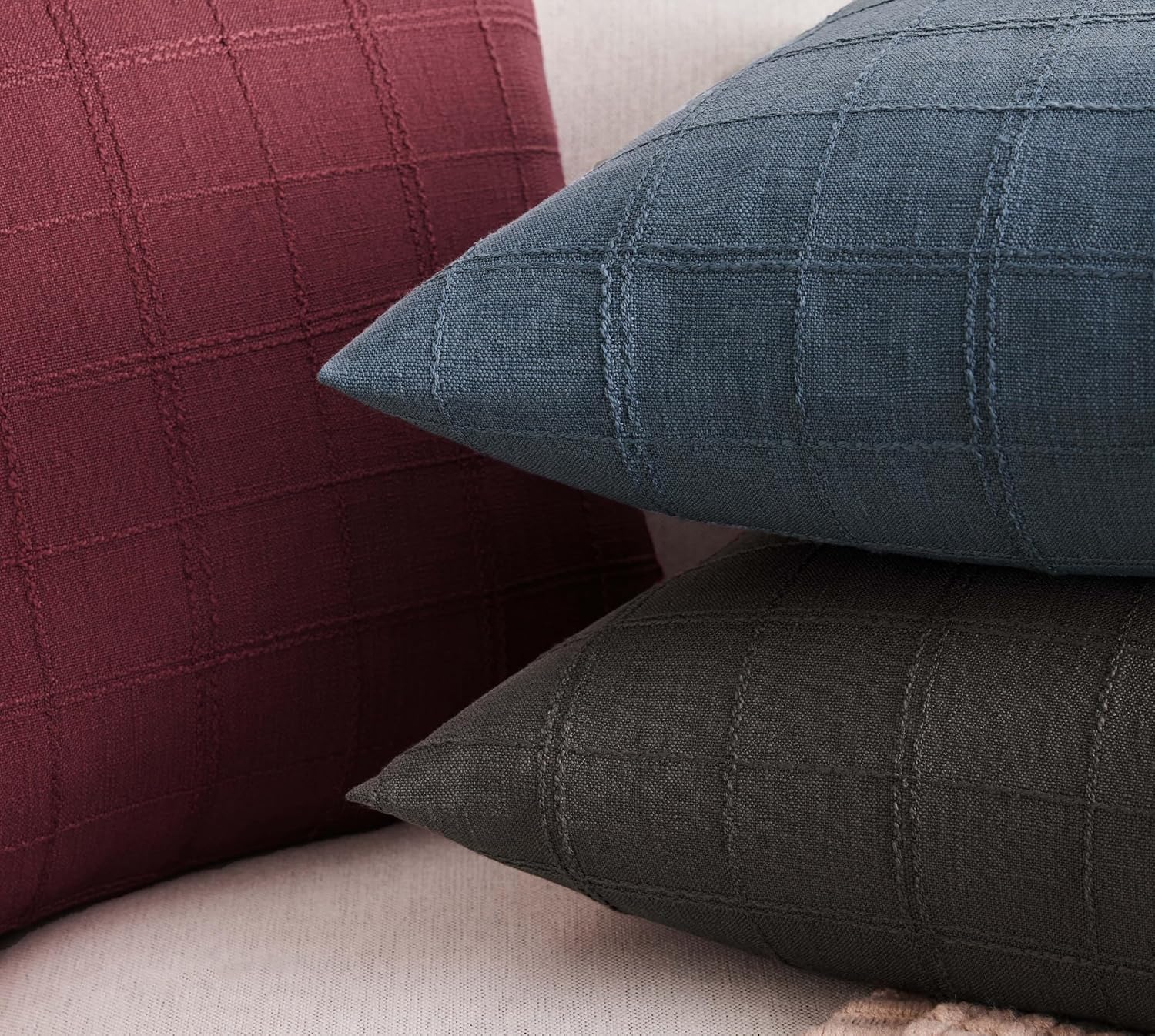 ZeeMart Linen Checked Lumbar Throw Pillow Covers Set of 2, 12x20 Inch Allover Grid Charcoal, Farmhouse Decorative Double Sided Grid Embroidered Couch Pillow Cases Grey Cotton Linen Cushion Covers