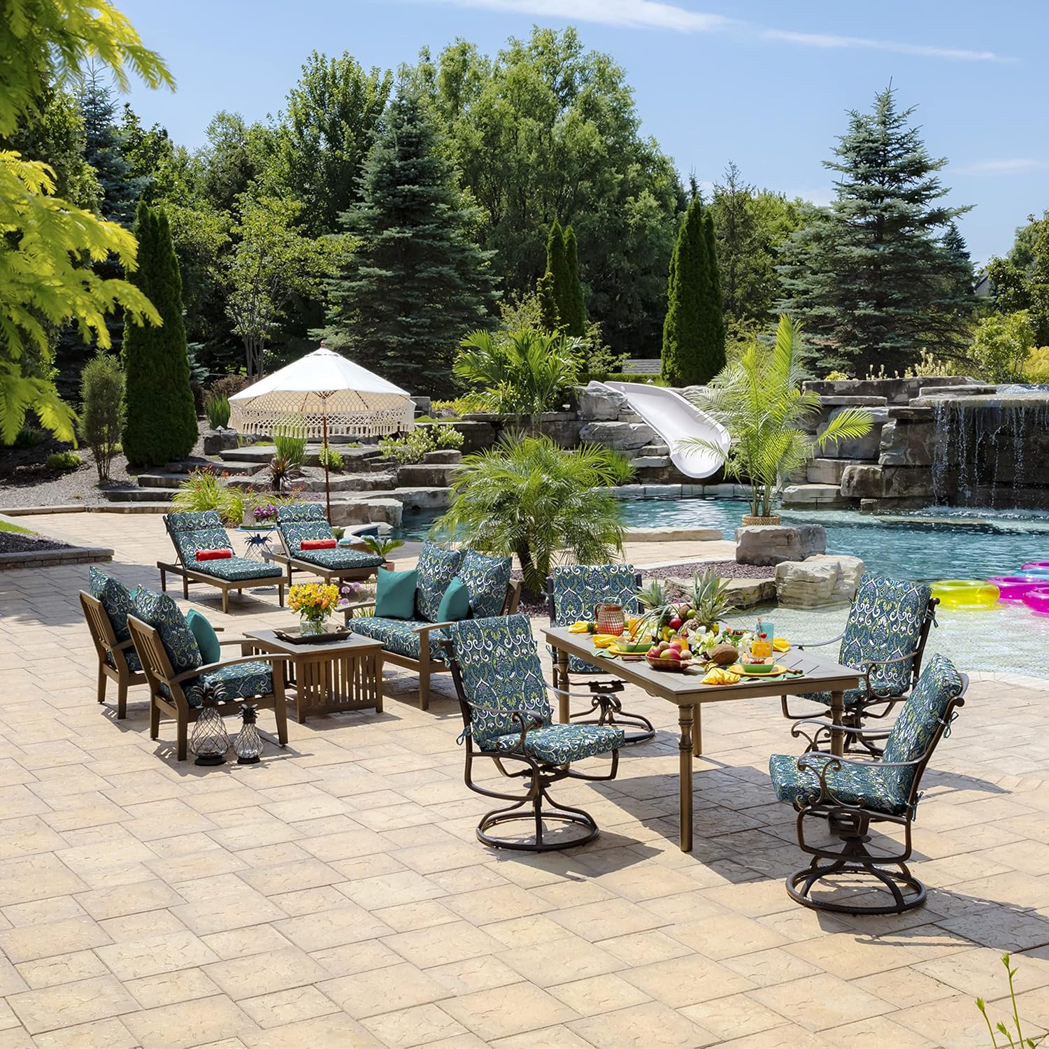 ARDEN Outdoor Midback Chair Cushion, 18 x 16.5, Water Repellent, Fade Resistant 18 x 16.5, Sapphire Aurora Blue Damask