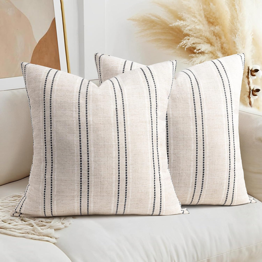 AELS 22x22 Decorative Farmhouse Linen Throw Pillow Covers, Boho Textured Pillow Case, Set of 2, Beige with White & Black Stitch Yarn Dyed Stripe Cushion Cover for Sofa Couch Living Room (Cover ONLY)