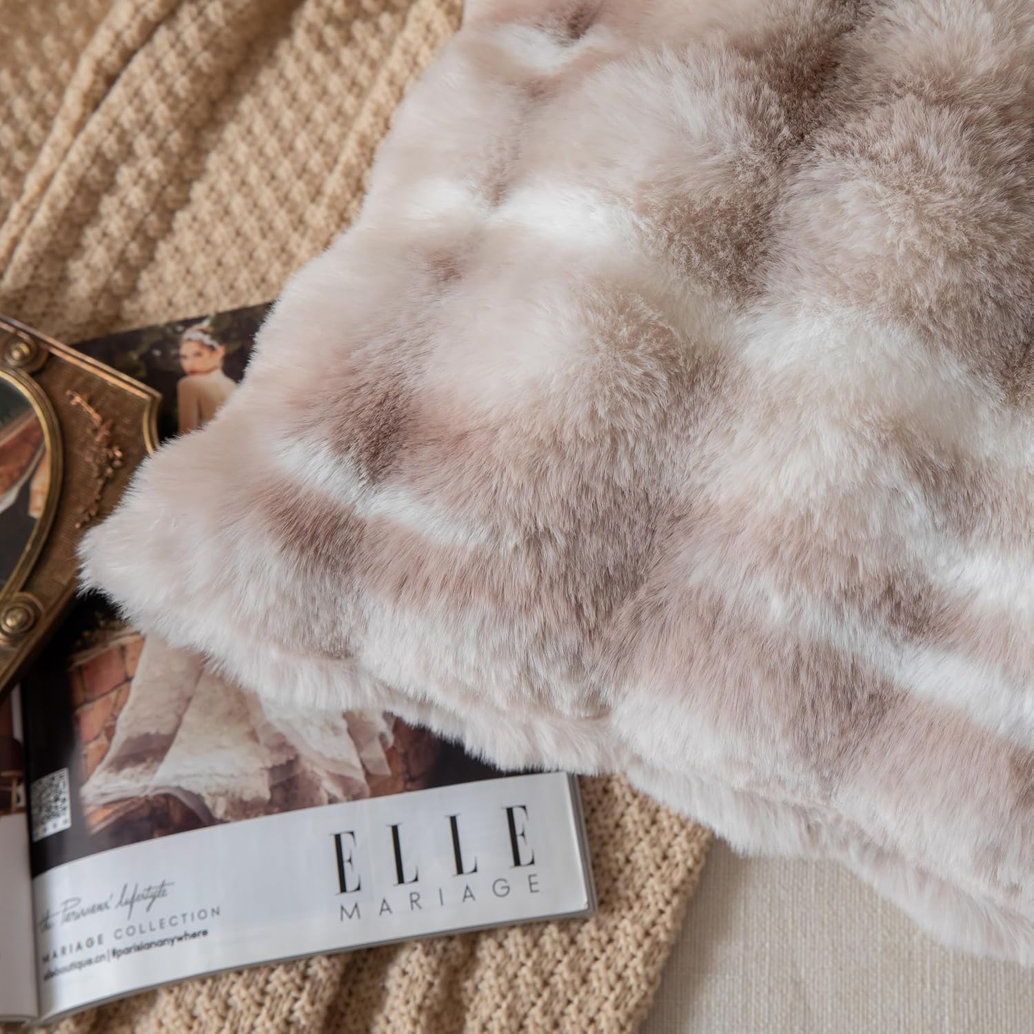 Pack of 2 Thick Plush Throw Pillow Covers Fluffy Wave Faux Fur Decorative Cushion Covers Soft Wool Pillowcase for Sofa Couch Livingroom 22x22 Inch White Taupe