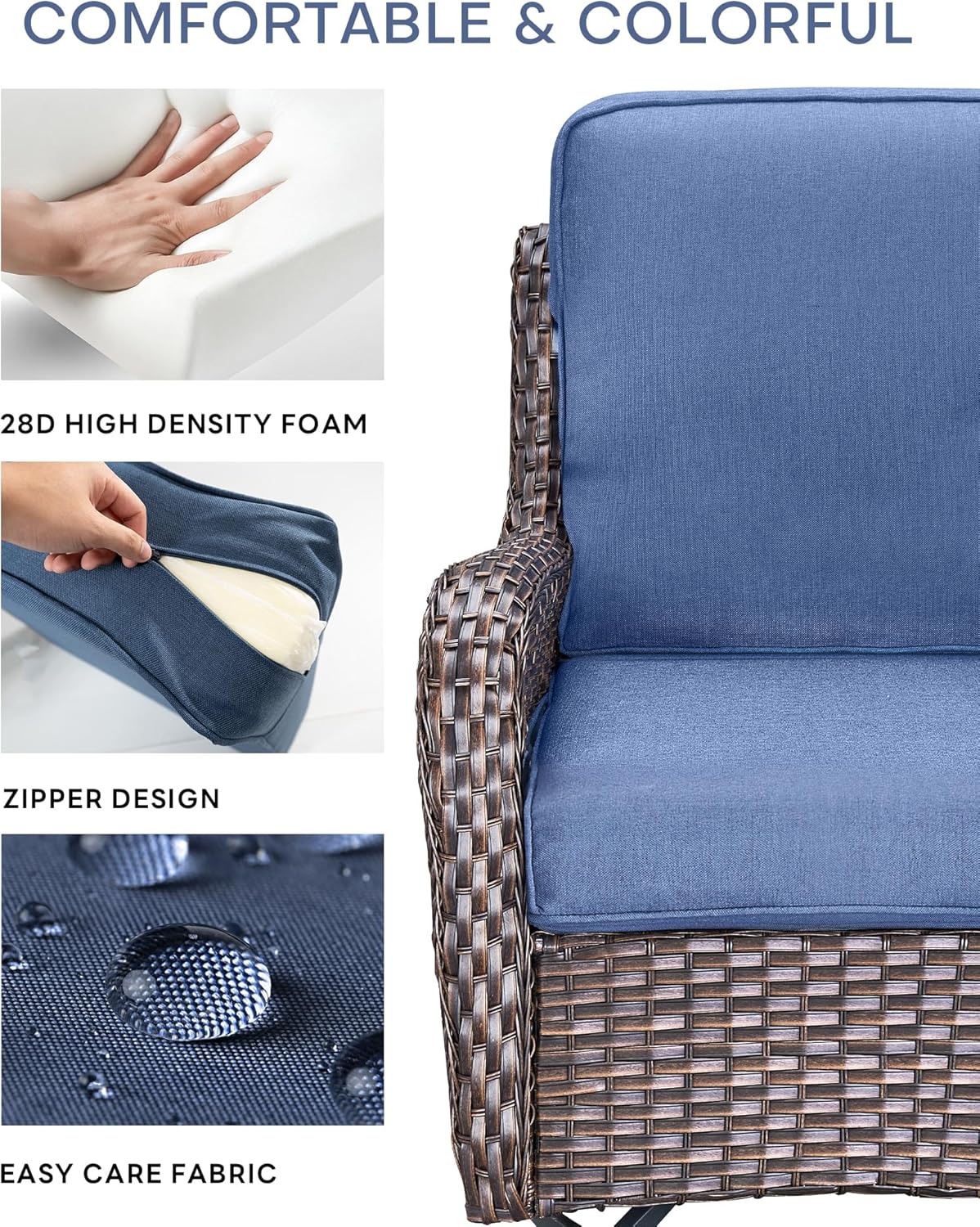 Pop 22x25/22x24 Outdoor Cushions for Patio 5 Piece Set - Set of 5 Water-Resistant Replacement Cushion for Wicker Dining Rocking Chairs Loveseat Couch Sectional Sofa - Navy Blue/Classic