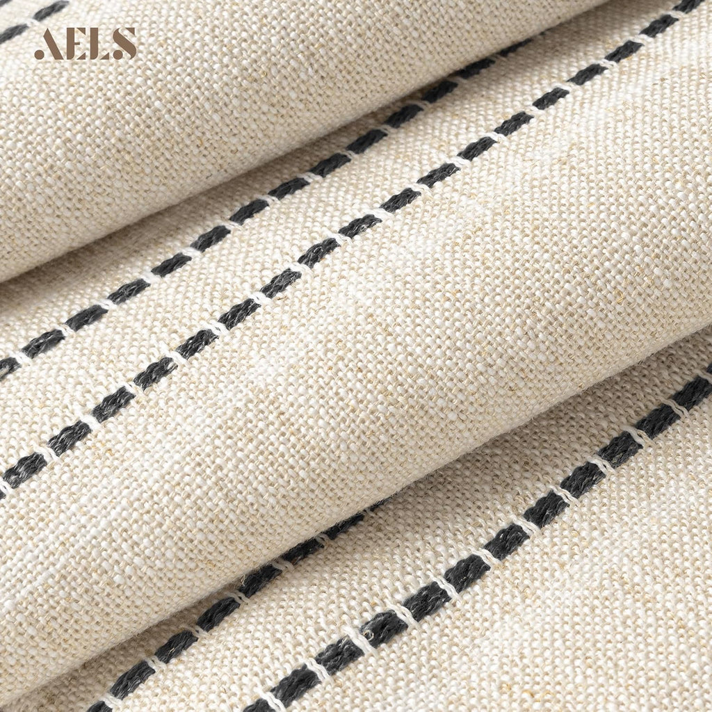 AELS 14x36 Decorative Lumbar Throw Pillow Covers, Farmhouse Linen Textured Long Pillow Case, Beige with White & Black Stitch Boho Cushion Cover for Couch Living Room (Cover ONLY)