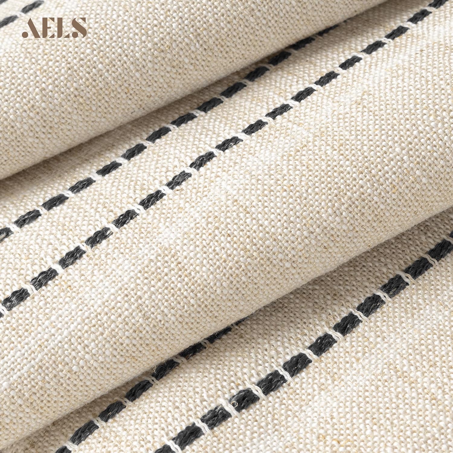 AELS 14x36 Decorative Lumbar Throw Pillow Covers, Farmhouse Linen Textured Long Pillow Case, Beige with White & Black Stitch Boho Cushion Cover for Couch Living Room (Cover ONLY)