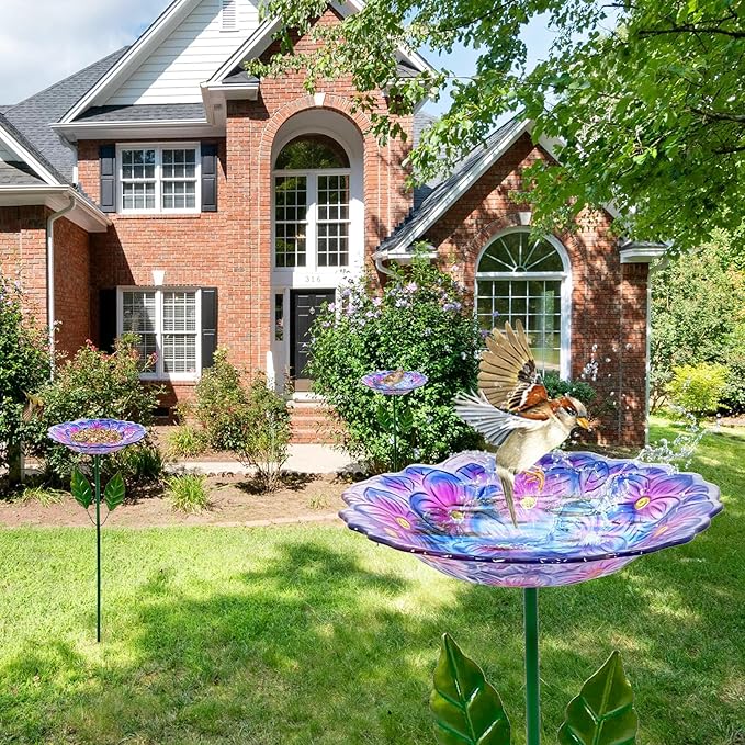 Glass Bird Baths for Outdoor, Garden Birdbath Bird Feeders Hydrangea Decor Birdfeeder with Metal Stake for Garden, Yard, Lawn, Courtyard