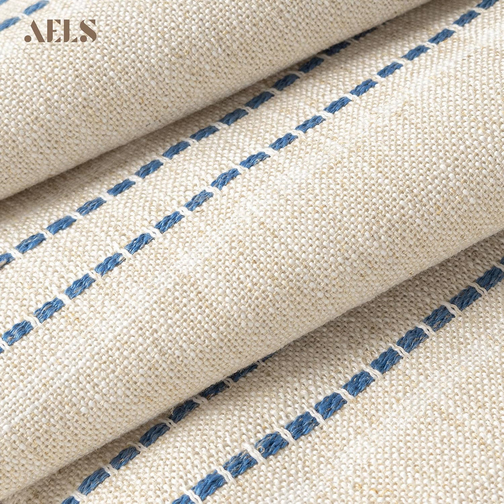 AELS 14x36 Decorative Lumbar Throw Pillow Covers, Farmhouse Linen Textured Long Pillow Case, Beige with White & Navy Blue Stitch Boho Cushion Cover for Couch Living Room (Cover ONLY)