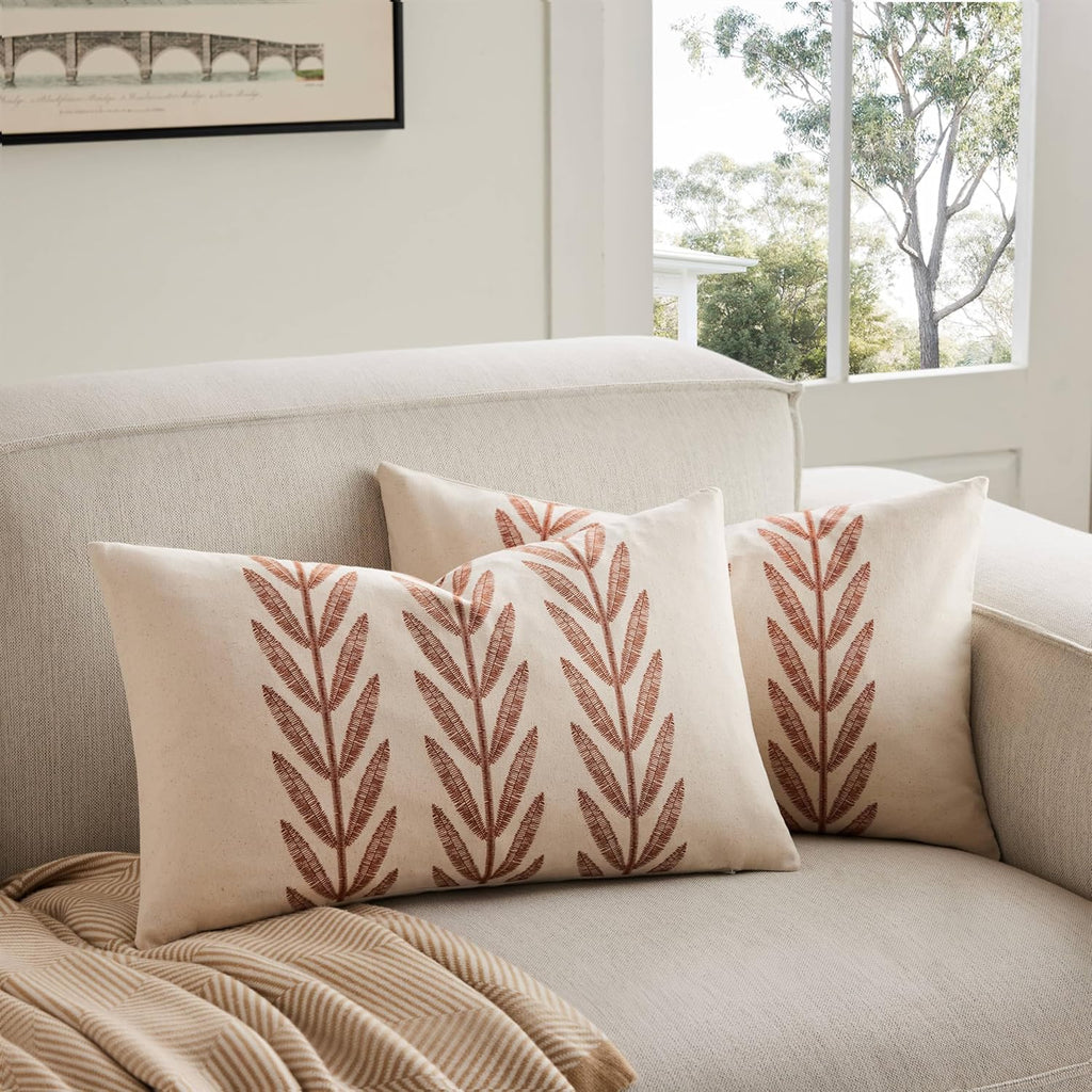 100% Cotton Farmhouse Leaves Lumbar Throw Pillow Covers Set of 2, 12x20 Inch Terracota Pastoral Decorative Print Cushion Covers for Sofa Bed Living Room Home Decor