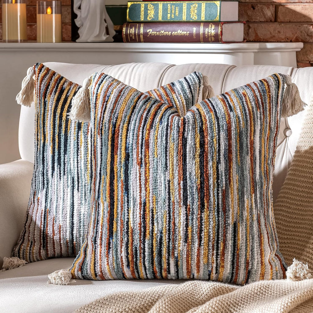 AmHoo Boho Throw Pillow Covers Set of 2 Decorative Bohemian Woven Tufted Striped Farmhouse with Tassels Textured Cushion Case Pillowcase Neutral for Sofa Couch Bed 18 x 18-Inch Black Brown