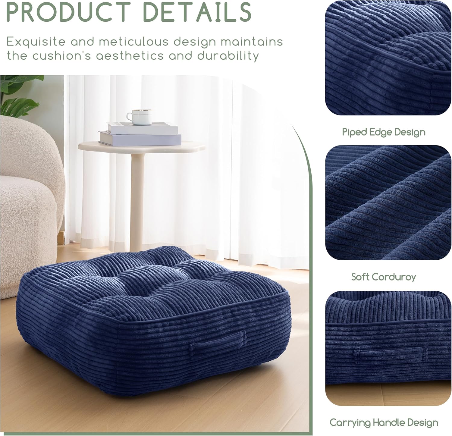 8" Washable Floor Pillow Cushion for Adults, Meditation Cushion Pillow, Large Square Floor Sitting, Removable Tufted Corduroy Cover, for Tatami Living Room or Yoga, 22x22 Inch, Machine Washable