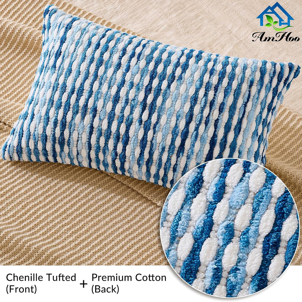 AmHoo Boho Chenille Pillow Cover Decorative Tufted Pillowcase for Couch Bed Sofa Bedroom Living Room Modern 12 x 20-Inch Sky Blue