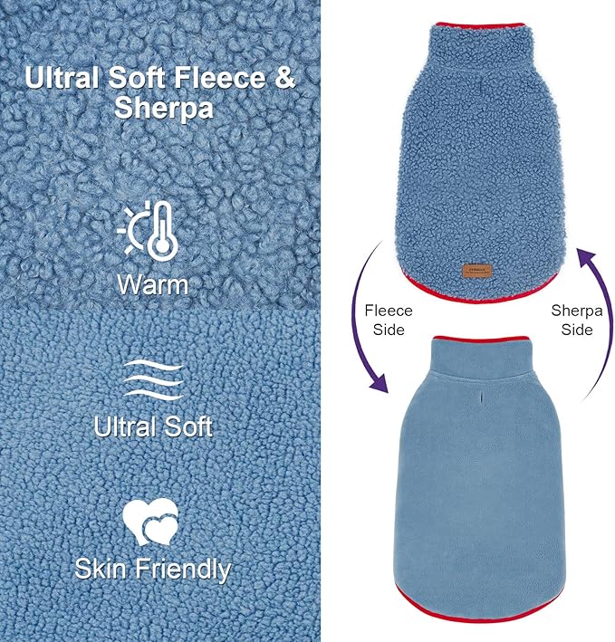 cyeollo Warm Dog Coat Reversible Winter Coats Large Pet Sweater Vest, Fleece Sherpa Dog Jacket for Large Dogs with Leash Hole, Soft Pet Cold Weather Coats, Blue, XXXL