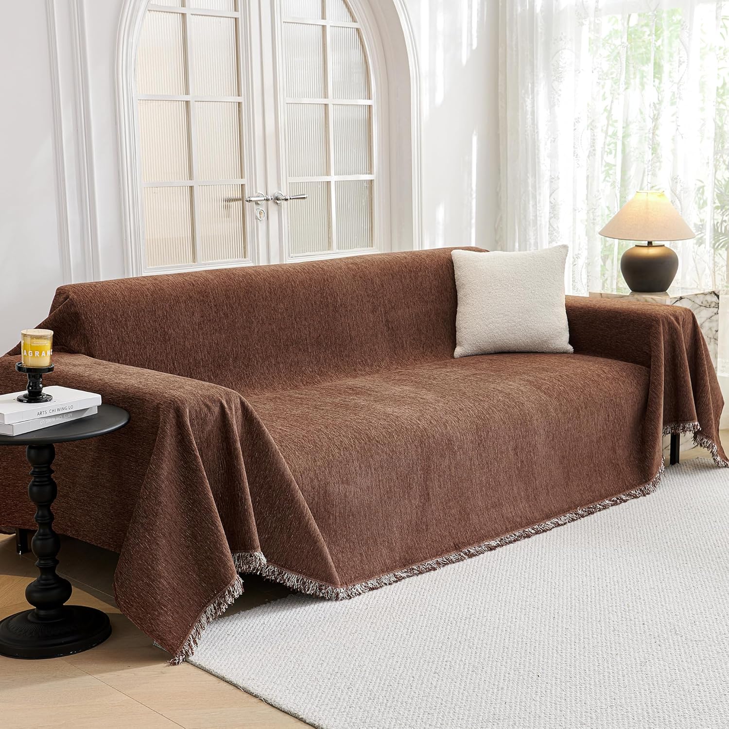 MYSKY HOME Sofa Covers Washable Sectional Couch Covers - 3 Cushion Slipcover Furniture Protector with Tassels for Kids, Dogs, Pets - 91"x134", Chocolate