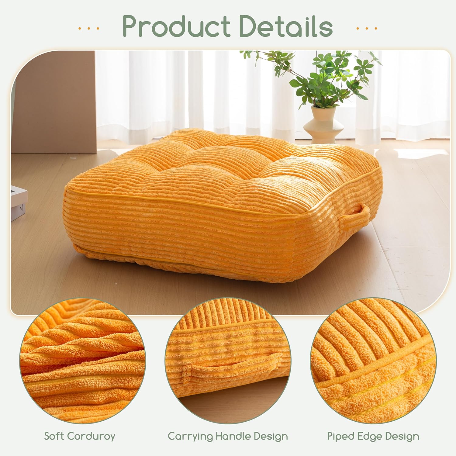 6" Washable Floor Pillow Cushion for Adults, Meditation Cushion Pillow, Large Square Floor Sitting, Removable Tufted Corduroy Cover, for Tatami Living Room or Yoga, 22x22 Inch, 2Pack, Machine Washable