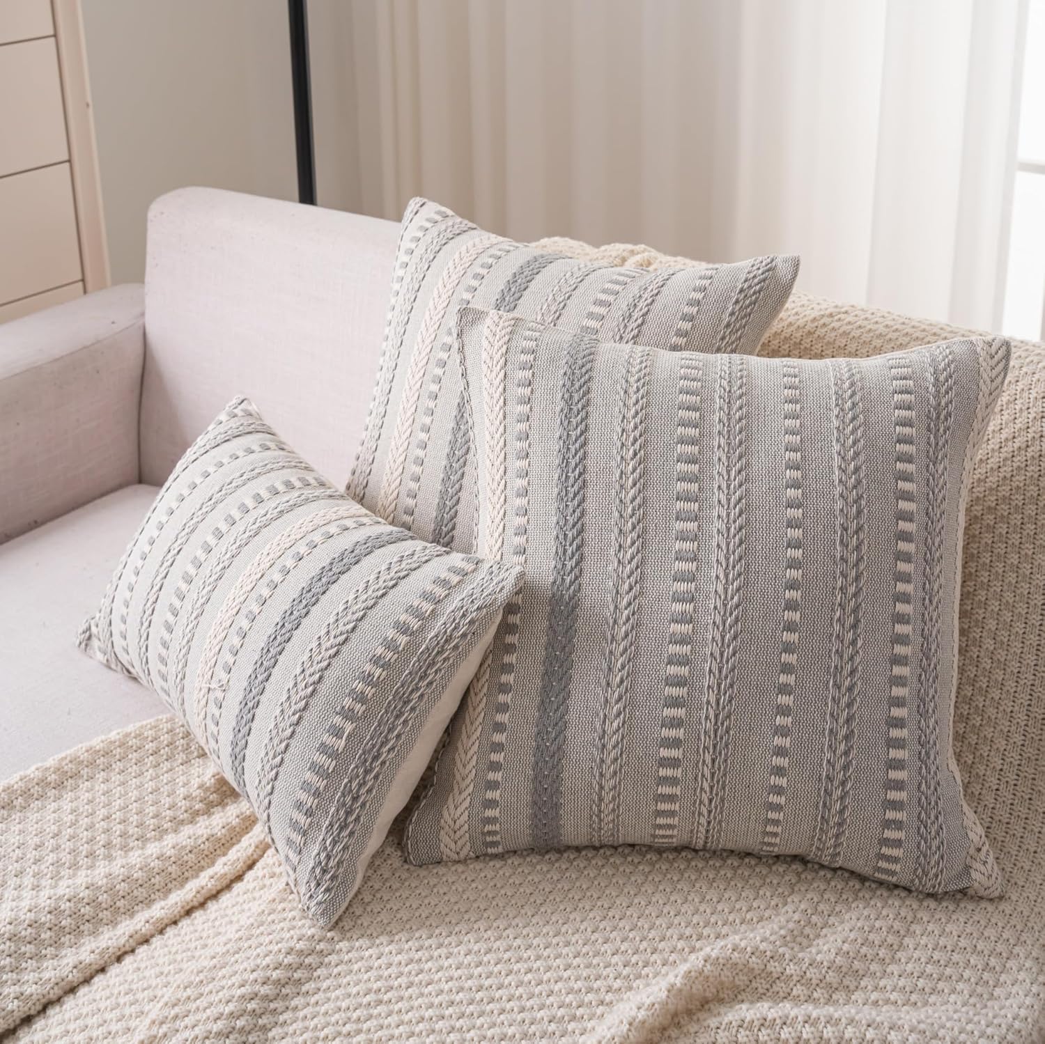 Boho Lumbar Pillow Covers 14x36 Long, Farmhouse Decorative Couch Pillow Cases, Grey Accent Pillows of Bed, Sofa Bedroom Living Room Home Decor Cushion Cover, Pack of 1