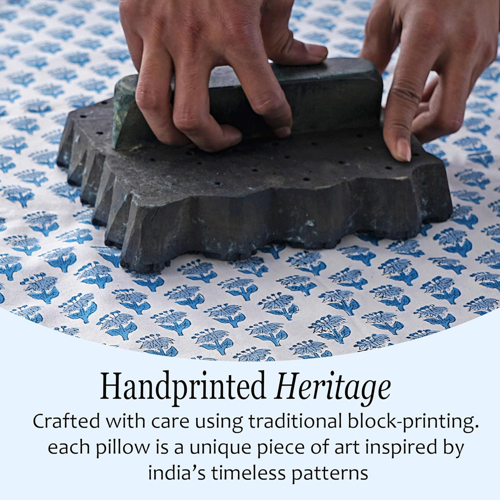 CPC Apatite Blue 100% Cotton Block Print Ruffle Sham Cover 20X36 inch Pack of 2, Handmade Boho Floral Pillowcase, Soft Decorative King Bed Pillow Cover for Bedroom Décor