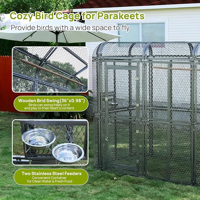 Large Metal Walk-in Cage 77-inch Heavy Duty Bird Cage Outdoor Diamond Grid Aviary Parrot Cage Wide Flight Metal Birdcage for Macaw Budgie Conure Lovebird Parakeet Cockatiel, 6.4x3.87x5.91ft, Silver