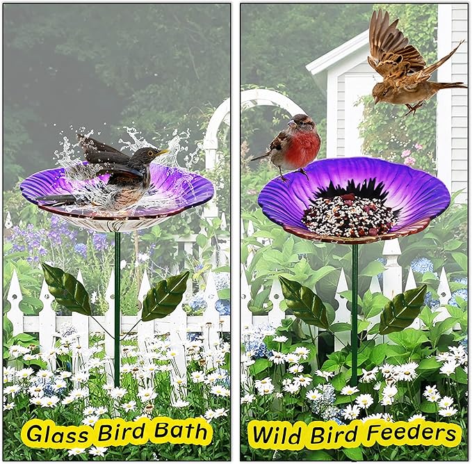 Glass Bird Baths for Outdoor, Garden Birdbath Bird Feeders Hydrangea Decor Birdfeeder with Metal Stake for Garden, Yard, Lawn, Courtyard