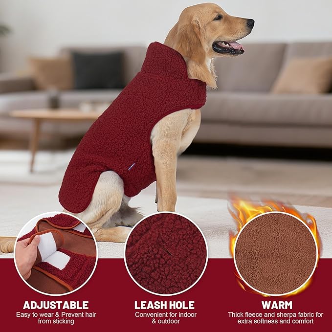 cyeollo Warm Dog Coat Fleece Sherpa Winter Sweater Coats, Turtleneck Dog Jacket Vest for Large Dogs with Leash Hole, Soft Reversible Pet Coats for Cold Weather, Burgundy, XXXL