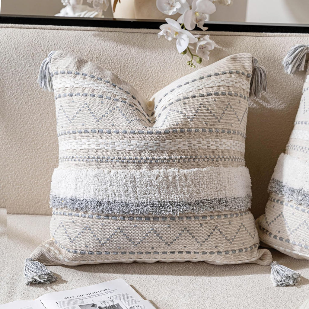 BlissBlush Gray Decorative Throw Pillow Cover 18X18 Combo Set of 2 Square Boho Neutral Grey Accent Pillowcase Tassels Farmhouse Cushion for Couch Sofa Bedroom Living Room Home Décor Cover ONLY