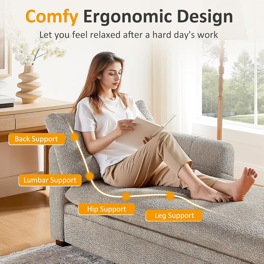 VANOMi Oversized 70.47'' Chaise Lounge Chair Indoor with Storage Space, Modern Upholstered Sofa Bed with Thick Cushion and Left Armrest, Boucle Leisure Recliner for Living Room, Bedroom, Office, Camel