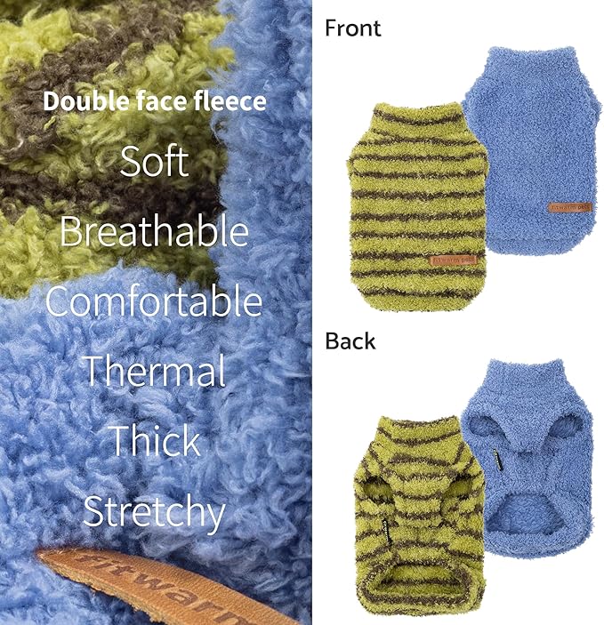 Fitwarm 2 Pack Striped Fleece Dog Sweater, Warm Winter Clothes for Small Dogs Boy Girl, Fuzzy Pet Outfit, Sky Blue, Olive Green, XS