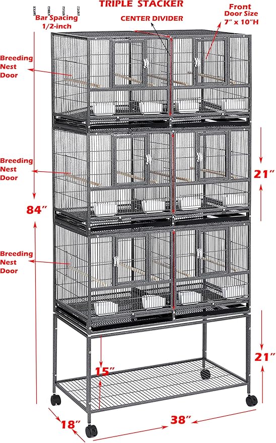 Combo Breeding Stacker Center Divided Breeder Bird Flight Double Rolling Cage with Side Breeding Nest Door (White, Triple Stack)