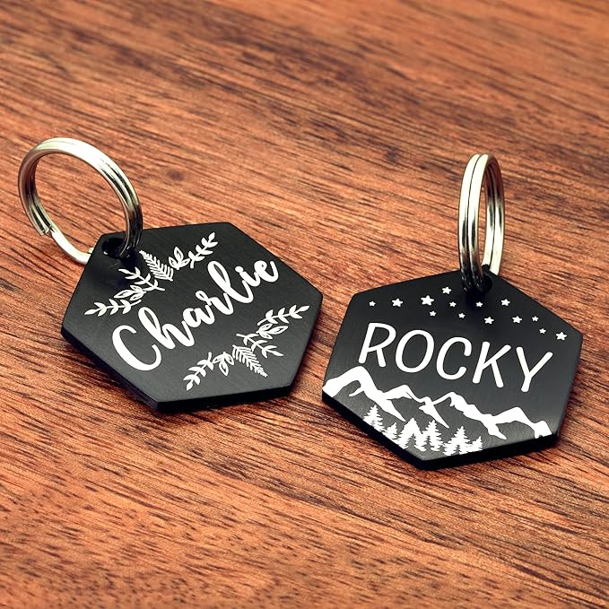 Ultra Joys Stainless Steel Pet ID Tag Dog Name Tags Personalized Front and Back Engraving, Customized Dog Tags and Cat Tag, Optional Engraved on Both Sides, Hexagon Tag with Vine Design, Large