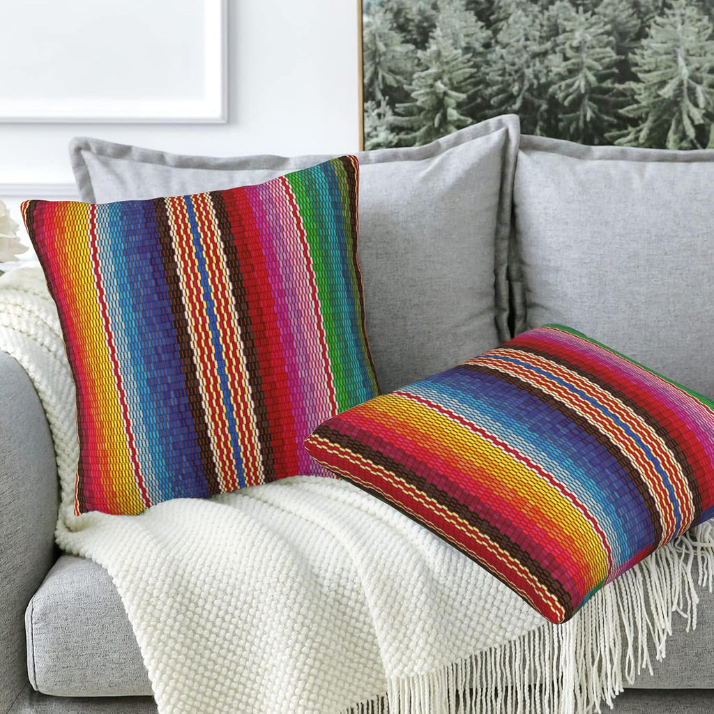 Throw Pillow Covers Blanket Stripes Pillow Covers 18x18 Inch Set of 2 Colorful Mexican Stripes Throw Pillows Decorative Pillow Cases Cushion Covers for Bedroom Livingroom Sofa Farm House