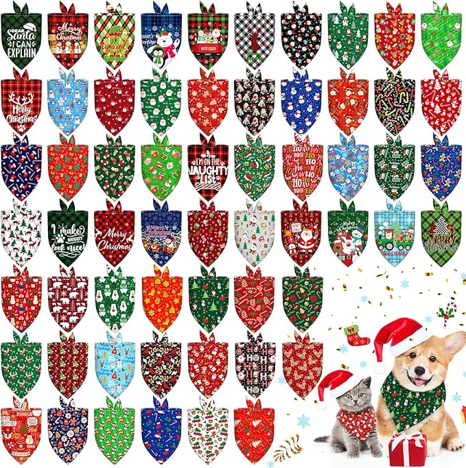60 Pcs Christmas Dog Bandanas Bulk Adjustable Triangle Dog Scarves Bibs Xmas Puppy Bandanas Pet Neckerchief Washable Holiday Dog Bandana Christmas Party Small Medium Large Dog Pet Grooming