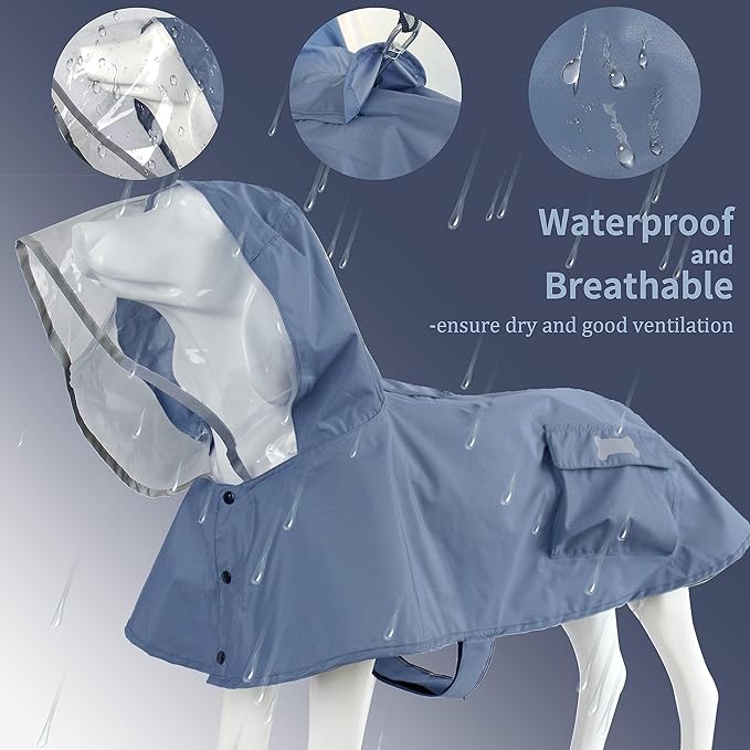 Waterproof Dog Raincoat, Adjustable Reflective Lightweight Pet Rain Clothes with Poncho Hood(X-Large, Blue&Grey)