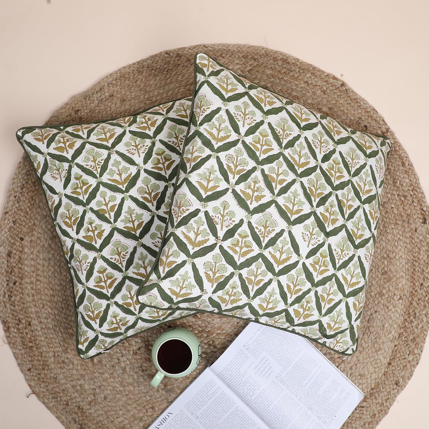 SheetKart Pure Cotton Throw Pillow Covers - Set of 2 - Hand Block Pure Cotton Printed Boho Decorative Pillow Covers - Cushion Covers for Living Room, Bohemian Theme, 19 x 19 Inches, Sagewood Olive