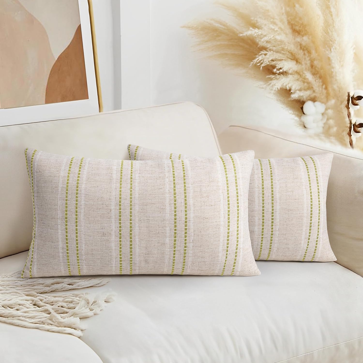 AELS 12x20 Decorative Farmhouse Linen Throw Pillow Covers, Boho Textured Pillow Case, Set of 2, Beige with White & Green Stitch Yarn Dyed Stripe Cushion Cover for Sofa Couch Living Room (Cover ONLY)