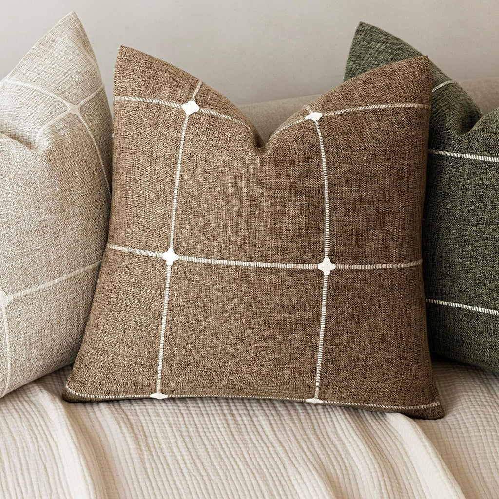Foindtower Pack of 2 Decorative Faux Linen Jacquard Check Throw Pillow Covers Farmhouse Cushion Cover with Grid Textured Accent Pillowcase for Couch Sofa Living Room Home Decor,18×18 Inch,Tan Khaki