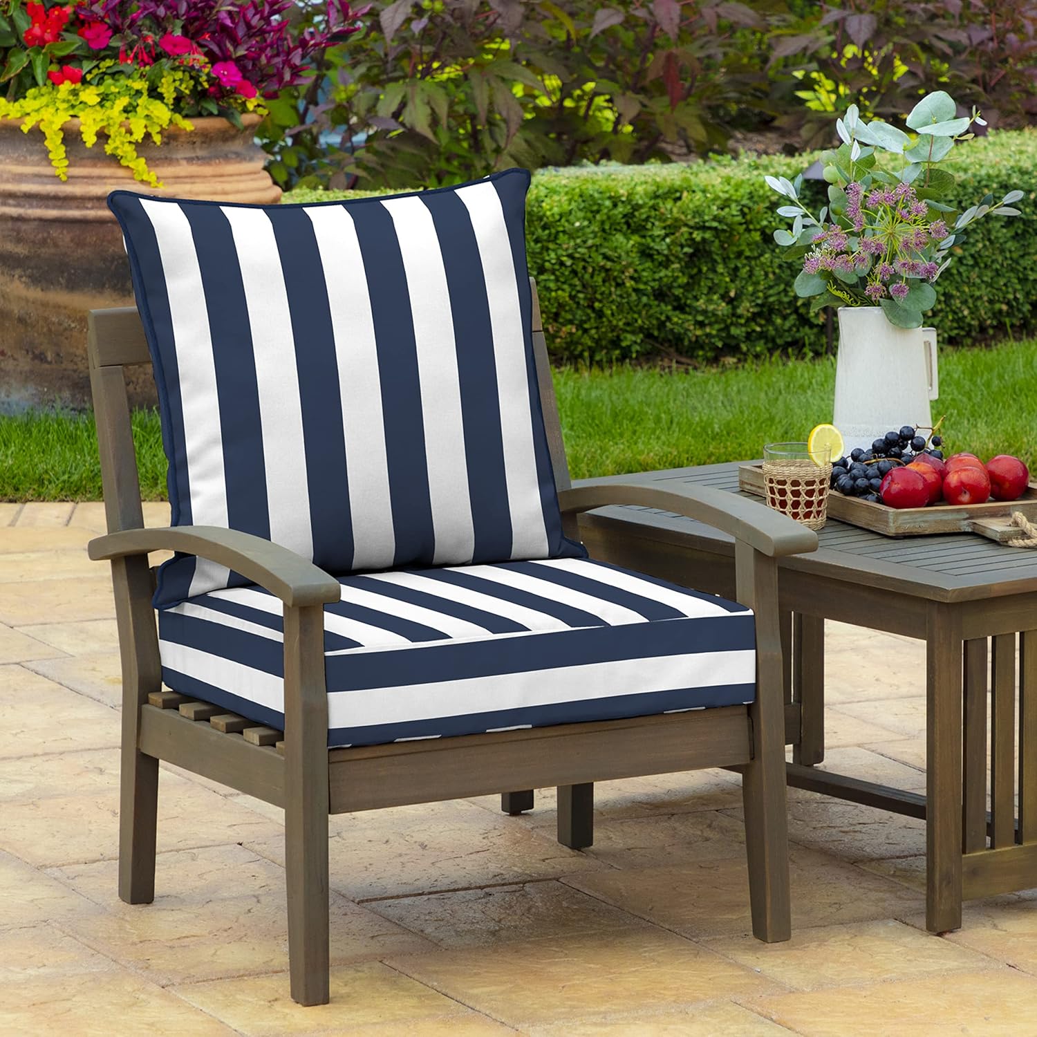 Arden Outdoor Deep Seat Cushion Set, 24 in x 24 in, Weather-Proof, Rain-Proof, Fade Resistant Patio Cushion for Chair, Sofa, and Couch Sapphire Blue Cabana Stripe