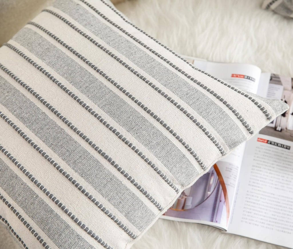 Decorative Boho Throw Pillow Covers, Farmhouse Textured Pillow Case, 22 x 22 Inch Set of 2, Chair Sofa Bedroom Living Room Home Decor Couch Cushion Case, Grey and Beige Striped