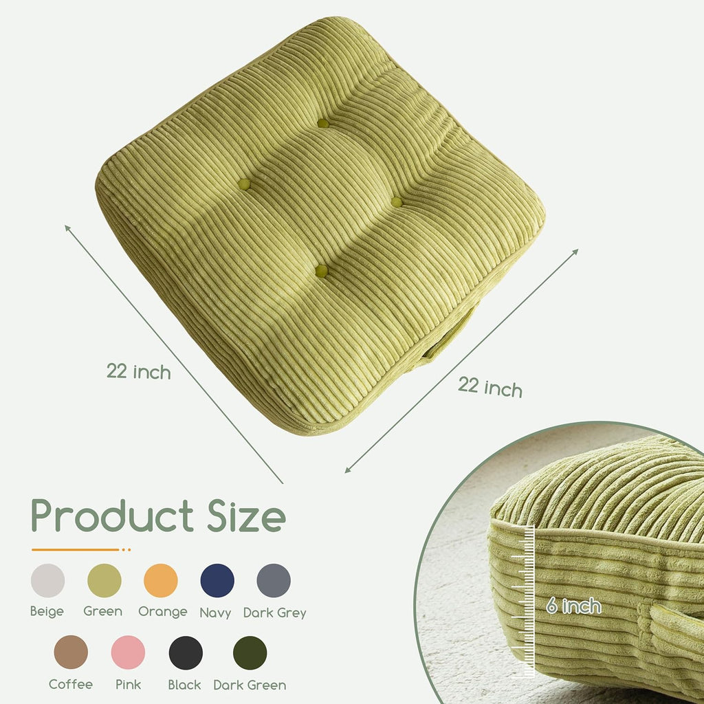6" Washable Floor Pillow Cushion for Adults, Meditation Cushion Pillow, Large Square Floor Sitting, Removable Tufted Corduroy Cover, for Tatami Living Room or Yoga, 22x22 Inch, 2Pack, Machine Washable