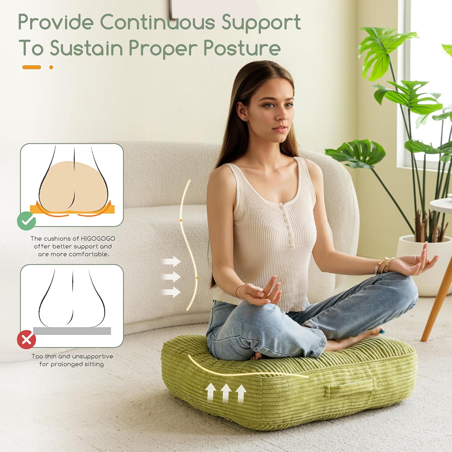 6" Washable Floor Pillow Cushion for Adults, Meditation Cushion Pillow, Large Square Floor Sitting, Removable Tufted Corduroy Cover, for Tatami Living Room or Yoga, 22x22 Inch, 2Pack, Machine Washable