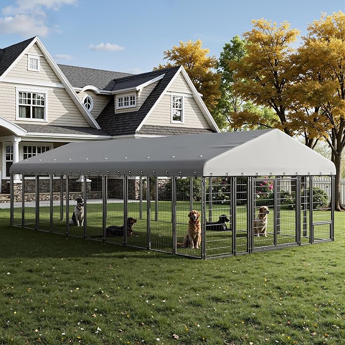 10 x 20 FT Large Outdoor Dog Kennel with Double Swing Doors, Heavy-Duty Dog Cage with Feeding Panel, Weatherproof Roof, Secure Fence Playpen for Large Dogs, Easy Assembly