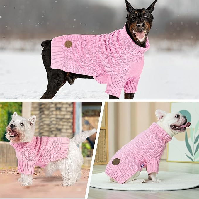 cyeollo Turtleneck Dog Sweater Soft Knitwear Pullover Sweaters with Leash Hole Pet Clothes for Cold Weather Pet Small Dog Sweaters,Pink, XL