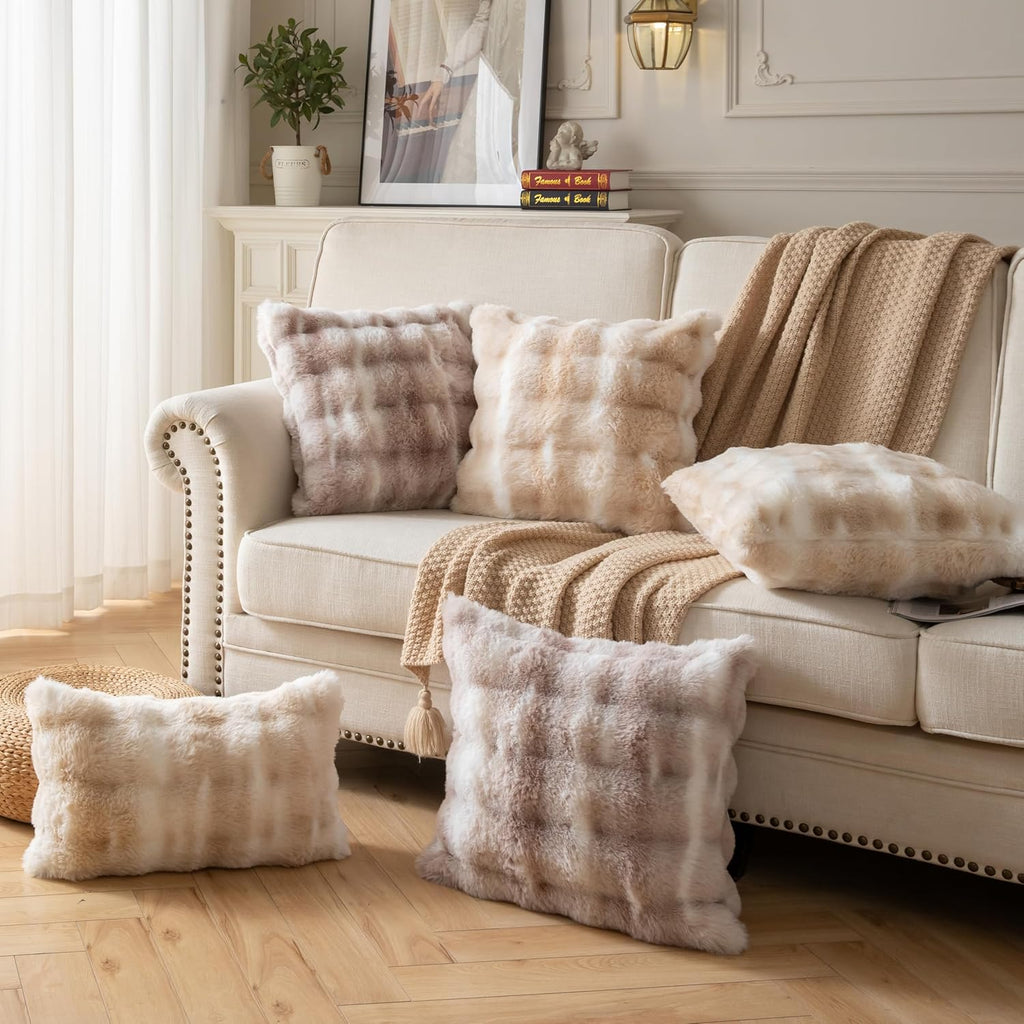 Pack of 2 Thick Plush Throw Pillow Covers Fluffy Wave Faux Fur Decorative Cushion Covers Soft Wool Pillowcase for Sofa Couch Livingroom 20x20 Inch White Beige