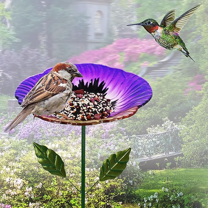 Glass Bird Baths for Outdoor, Garden Birdbath Bird Feeders Hydrangea Decor Birdfeeder with Metal Stake for Garden, Yard, Lawn, Courtyard