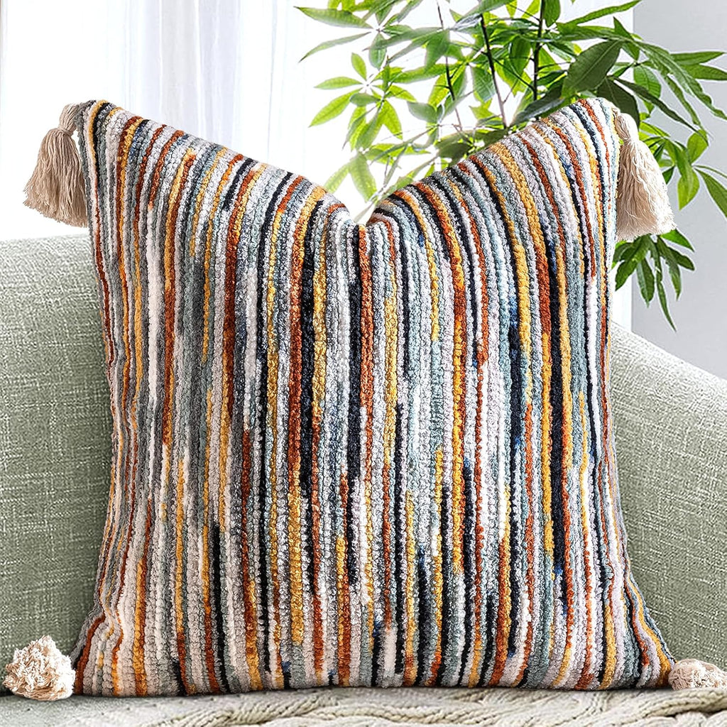 AmHoo Boho Throw Pillow Cover Decorative Bohemian Woven Tufted Striped Farmhouse with Tassels Textured Cushion Case Pillowcase Neutral for Sofa Couch Bed 18 x 18-Inch Black Brown