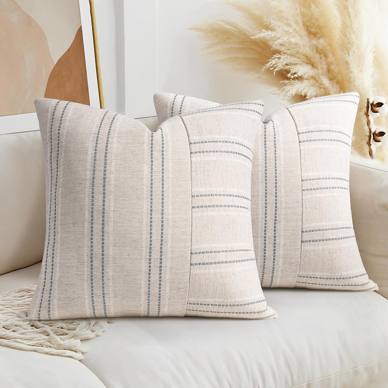 AELS 20x20 Decorative Farmhouse Linen Throw Pillow Covers, Boho Textured Pillow Case, Set of 2, Beige with White & Gray Stripe Patchwork Cushion Cover for Sofa Couch Living Room (Cover ONLY)