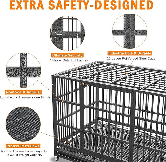 54/48/42/38 inch Heavy Duty Indestructible and Escape-Proof Dog Crate Cage Kennel for Large Dogs, High Anxiety Dog Crate with Removable Wire Trays and Wheels, Extra Large XL XXL