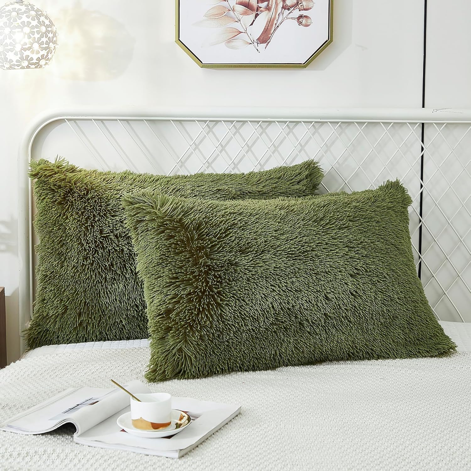 Uhamho Set of 2 Standard Pillowcases Faux Fur Throw Pillow Covers Queen Size Shams Soft Velvet Decorative Zipper Closure (Sage, 20"x26")