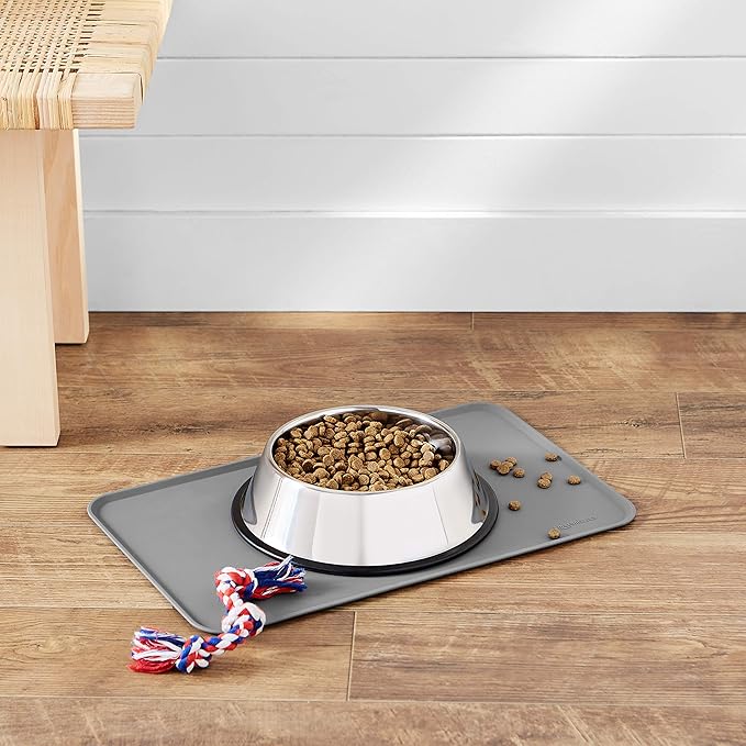 Amazon Basics Waterproof Anti-Slip Silicone Cat & Dog Food Mat, Pet Mats with Raised Edges for Food and Water Bowl to Protect Floors, 18.5 x 11.5 Inches, Gray, Solid - Pack of 2