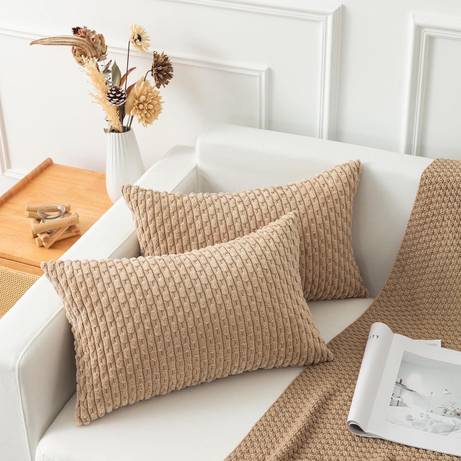 Kevin Textile 12x24 Inch Pillow Cover 1 Pack Boho Decorative Soft Striped Corduroy Lumbar Farmhouse Solid Color Accent Rectangle Cushion Case for Living Room Couch Sofa Bed, Tan