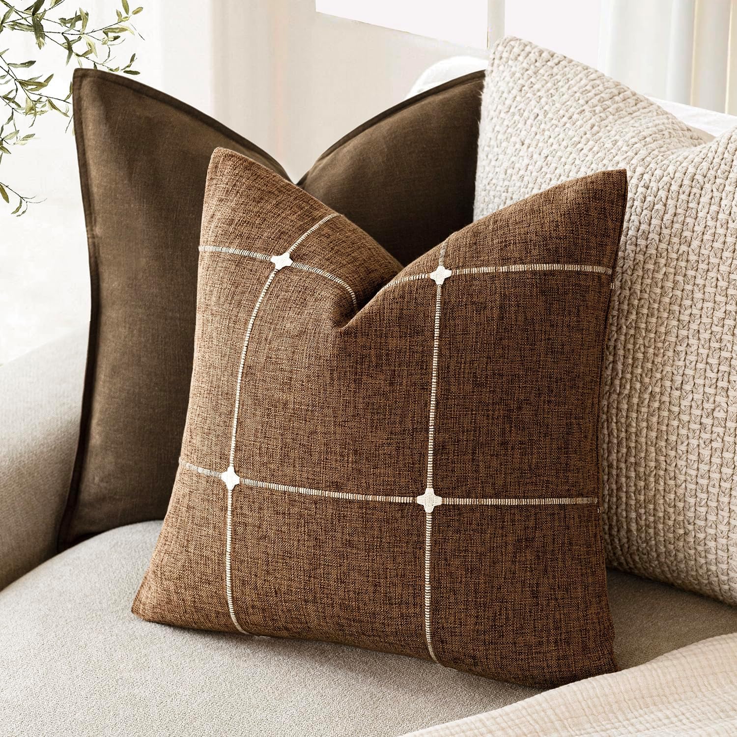 Foindtower Pack of 2 Decorative Faux Linen Jacquard Check Throw Pillow Covers Farmhouse Cushion Cover with Grid Textured Accent Pillowcase for Couch Sofa Living Room Home Decor,16×16 Inch,Orange Brown