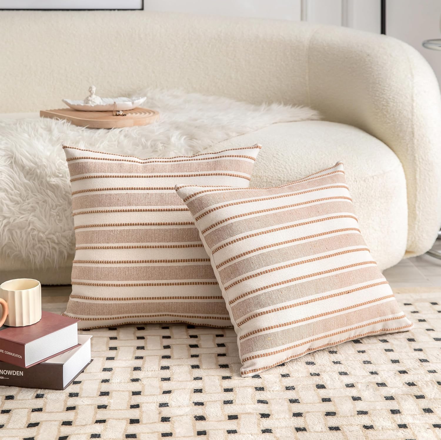 Decorative Boho Throw Pillow Covers, Farmhouse Textured Pillow Case, 22 x 22 Inch Set of 2, Chair Sofa Bedroom Living Room Home Decor Couch Cushion Case, Brown and Beige Striped