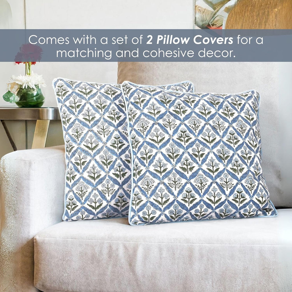 SheetKart Cotton Throw Pillow Covers - Set of 2 - Hand Block Cotton Printed Boho Decorative Pillow Covers - Cushion Covers for Living Room, Bohemian Theme, 19x19 Inches, Floral Blue