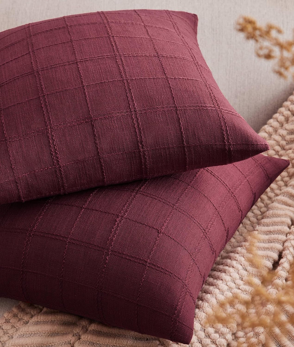 ZeeMart Linen Checked Throw Pillow Covers Set of 2, 24x24 Inch Allover Grid Burgundy, Farmhouse Decorative Double Sided Grid Embroidered Couch Pillow Cases Red Cotton Linen Cushion Covers